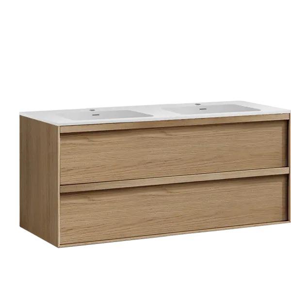 Studio servantskap lys eik 140 cm med Solid Surface dobbelvask